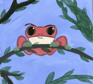 A photograph of a painting of a frog on a tree branch. There are vines and branches that dapple the canvas around the pink frog.