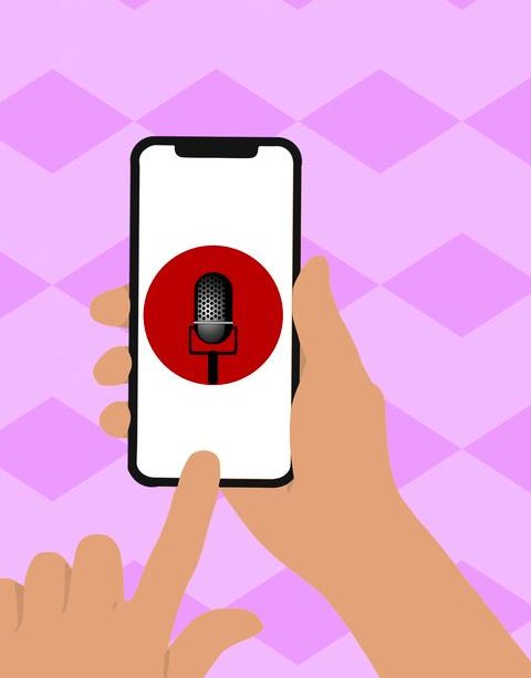 A sketch of a phone screen with a mic app. A finger is about to press on the mic.
