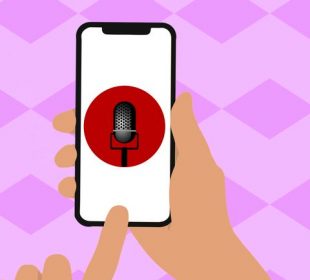 A sketch of a phone screen with a mic app. A finger is about to press on the mic.