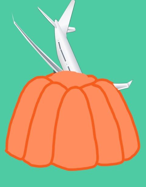 A graphic of an airplane with its front end stuck in orange Jell-O.