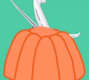 A graphic of an airplane with its front end stuck in orange Jell-O.