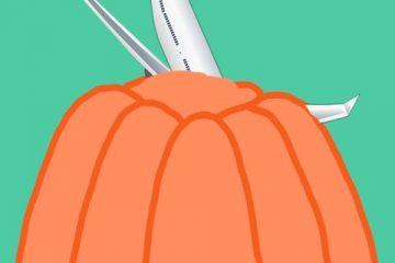 A graphic of an airplane with its front end stuck in orange Jell-O.