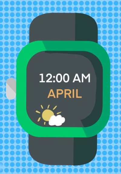 A sketch of a watch, showing the time as midnight and the month as April.