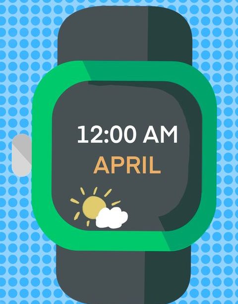 A sketch of a watch, showing the time as midnight and the month as April.