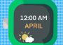 A sketch of a watch, showing the time as midnight and the month as April.