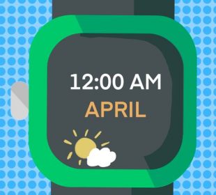 A sketch of a watch, showing the time as midnight and the month as April.