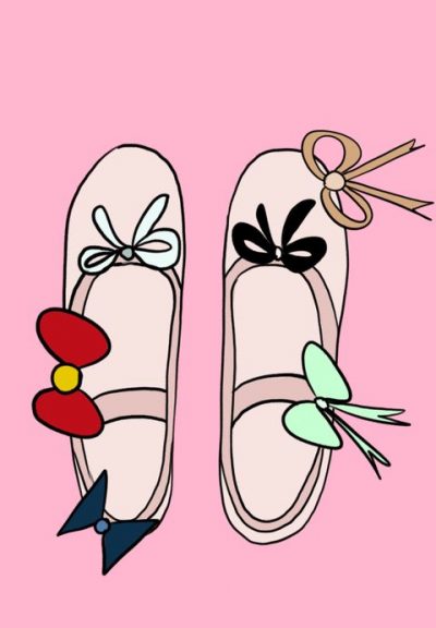 A drawing of pink ballet flats each with three bows instead of one.