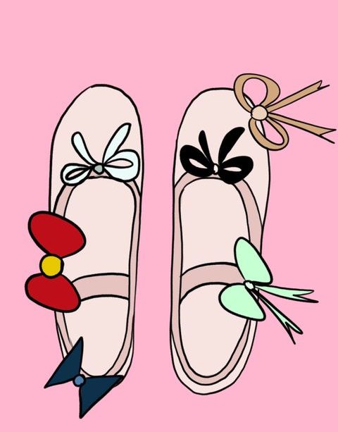A drawing of pink ballet flats each with three bows instead of one.