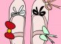 A drawing of pink ballet flats each with three bows instead of one.