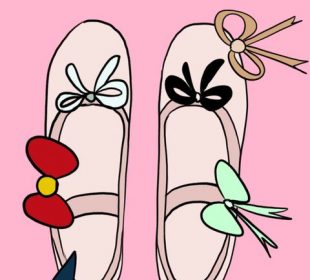 A drawing of pink ballet flats each with three bows instead of one.