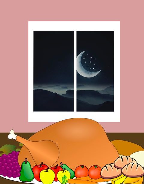 A sketch of a table with food set out. Through a window we can see a crescent moon.