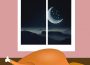 A sketch of a table with food set out. Through a window we can see a crescent moon.