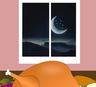 A sketch of a table with food set out. Through a window we can see a crescent moon.