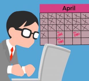 A sketch of a person in a suit, working on a laptop. A calendar shows some days marked as exam dates.
