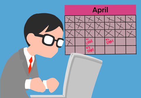 A sketch of a person in a suit, working on a laptop. A calendar shows some days marked as exam dates.