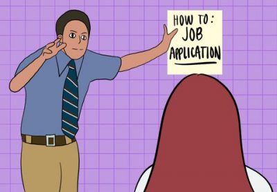 A redraw of the scene from The Office where the character is making and explaining a connection wall to another character, this time instead of a connection wall there is just a poster that says “How To: Job Application.”