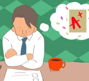 A graphic of someone looking at their exam, thinking they will get a great mark on it.