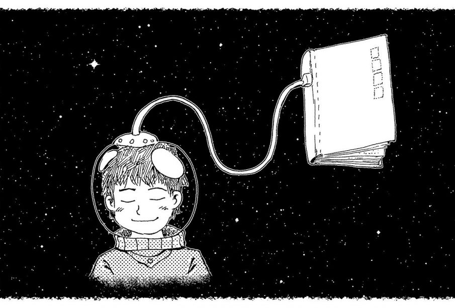 A cartoon of an astronaut out in space, their head plugged into a book.