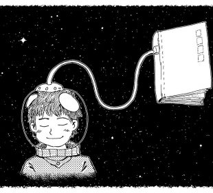 A cartoon of an astronaut out in space, their head plugged into a book.