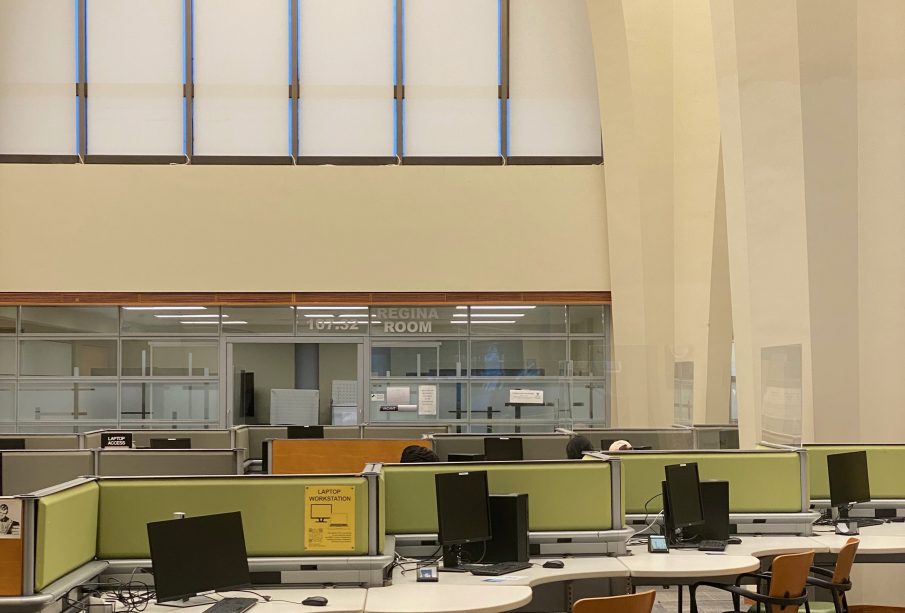 A photo of the main level of Archer library, with empty desks