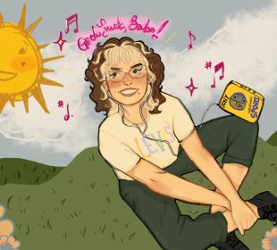): A person sitting outside on a sunny day, listening to music on a Walkman.
