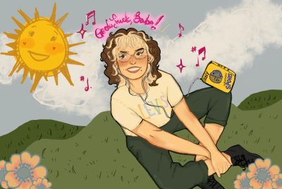 ): A person sitting outside on a sunny day, listening to music on a Walkman.