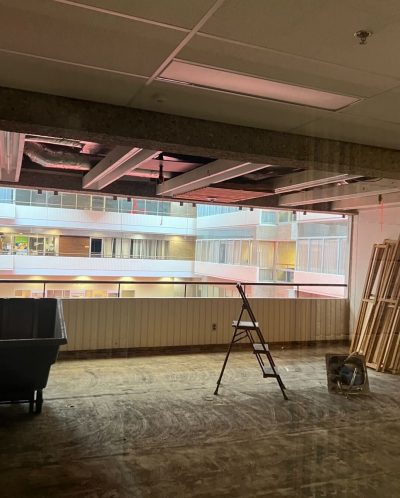 A photo of the construction taking place in the Ad-Hum building.