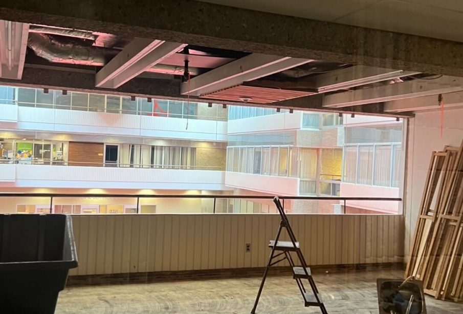 A photo of the construction taking place in the Ad-Hum building.