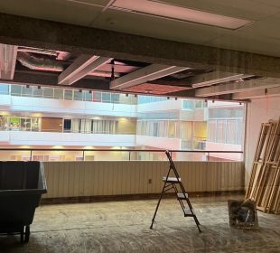A photo of the construction taking place in the Ad-Hum building.