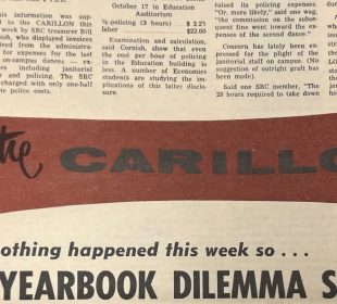 A photo of a past hand-drawn Carillon logo is pictured in dark red, grey, and black.