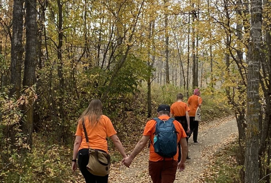 Four people wearing orange shirts walk on a path flanked by tall birch trees.