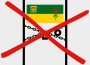 A drawing of a door with the Saskatchewan flag is pictured with a chain and lock cross-crossing it and a large red X over the entire image.