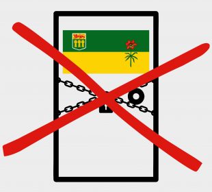 A drawing of a door with the Saskatchewan flag is pictured with a chain and lock cross-crossing it and a large red X over the entire image.