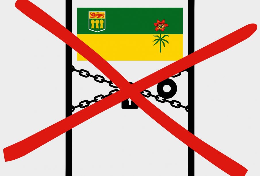 A drawing of a door with the Saskatchewan flag is pictured with a chain and lock cross-crossing it and a large red X over the entire image.
