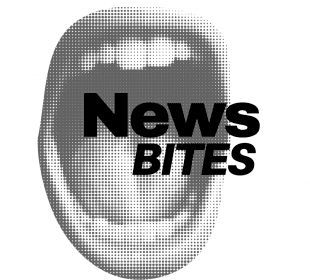 A greyscale mouth is behind bold text that reads “NEWS BITES: a new column brought to you by the Carillon” text to the left side reads “pairs well with: being busy but still wanting the 411, your tiktok addicted brain, five-minute study-breaks”
