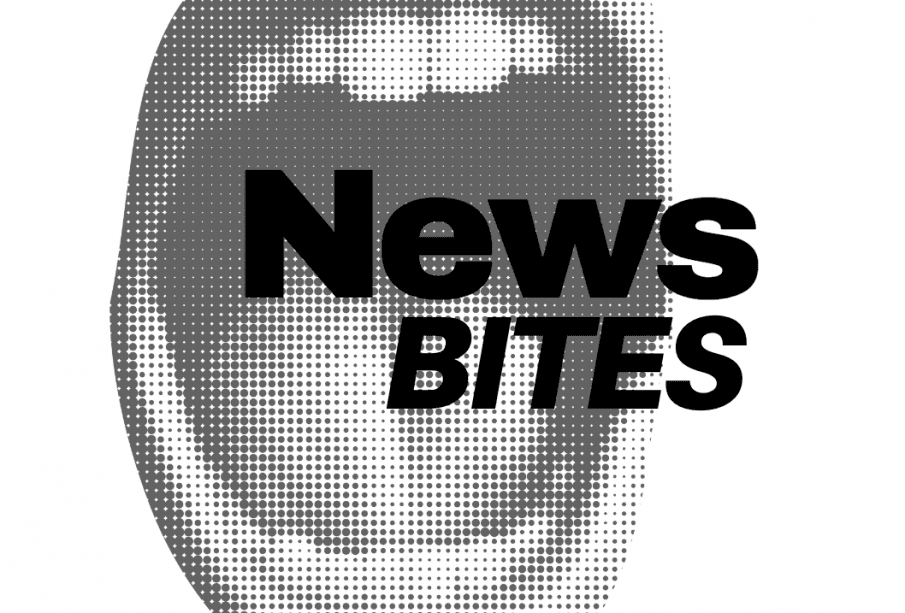 A greyscale mouth is behind bold text that reads “NEWS BITES: a new column brought to you by the Carillon” text to the left side reads “pairs well with: being busy but still wanting the 411, your tiktok addicted brain, five-minute study-breaks”