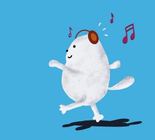 A small cartoon figure walking with a spring in their step, listening to music on headphones.