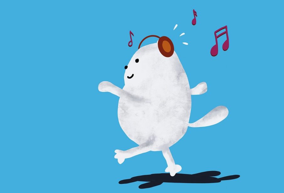 A small cartoon figure walking with a spring in their step, listening to music on headphones.