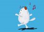 A small cartoon figure walking with a spring in their step, listening to music on headphones.