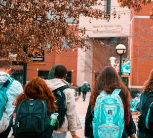 A photo from behind of a number of students walking in a group