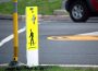 A pedestrian crossing sign on the side of a road.