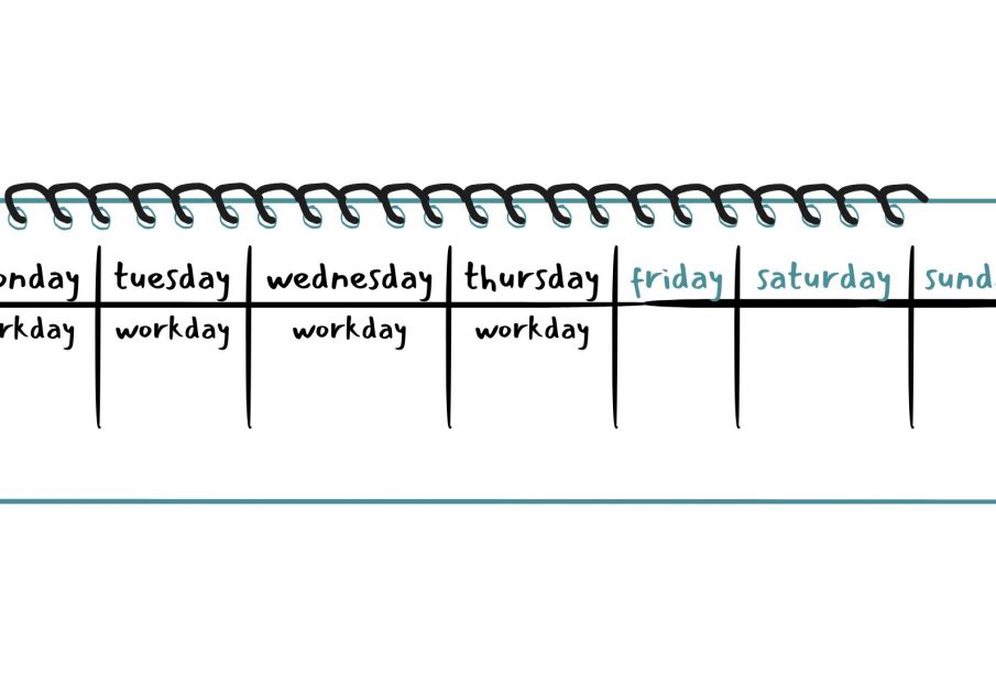 A sketch of a planner page, with only Monday through Thursday marked as workdays