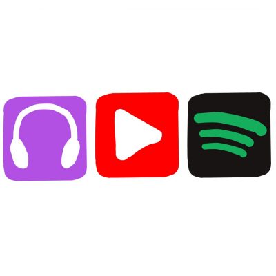 A sketch of a phone screen, showing apps for audios and videos