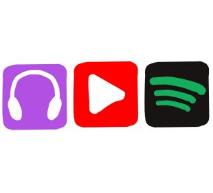 A sketch of a phone screen, showing apps for audios and videos