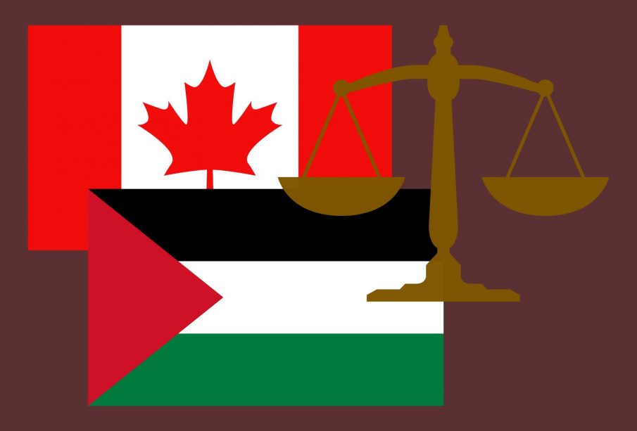 An illustration showing the flags of Canada and Palestine, along with the scales of justice.