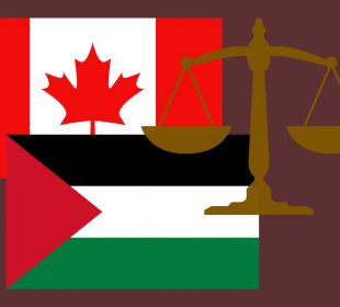 An illustration showing the flags of Canada and Palestine, along with the scales of justice.