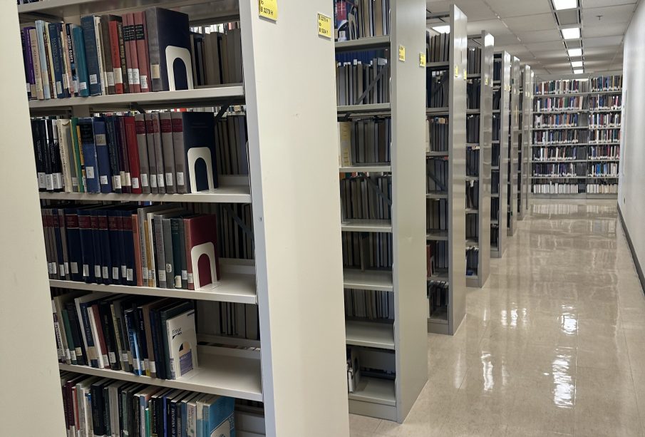 Stacks of books are shown on shelves in Archer Library