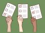 Three hands hold up their ballots, the ballots have no text, but have boxes with check-marks through them