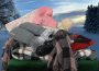 A pile of winter scarves, hats, gloves, and a snow-shovel sit in front of a snow-covered prairie landscape.