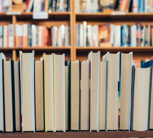 A row of books in a library with the closed pages front-facing.